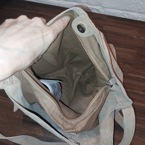 MNG Mango Beige Suede Leather Shoulder Bag Hobo Medium Purse Fringe Zipper - Picture 10 of 12